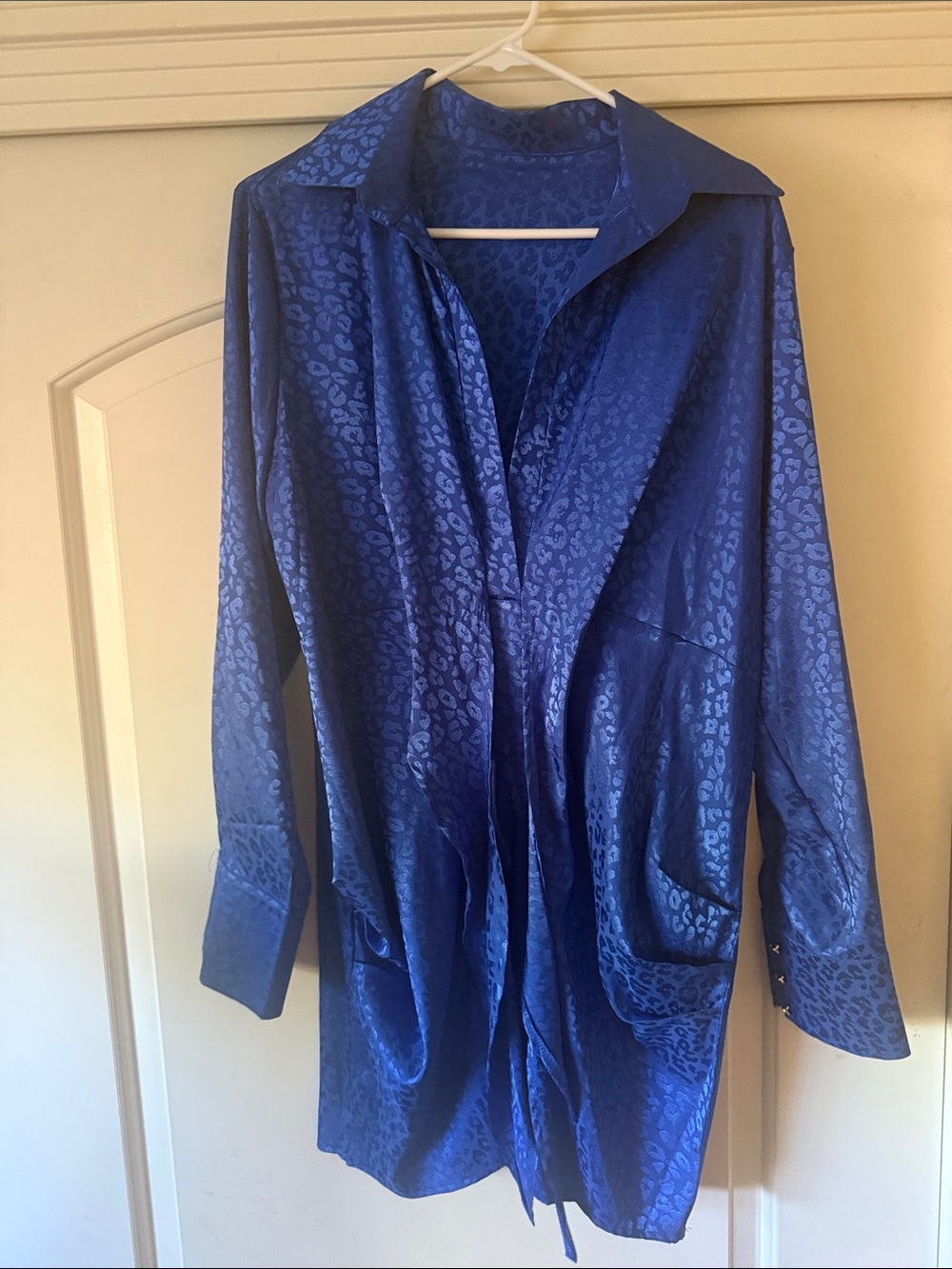 Navy Satin Leopard Jacquard Tie-Front Mini Dress